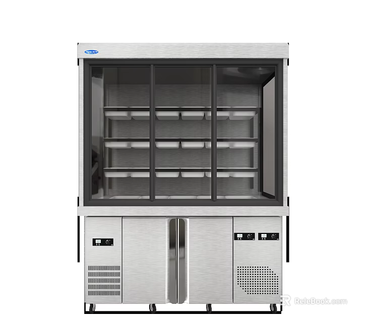 Commercial Stainless Steel Display Cabinet with Glass Doors and Multiple Shelves 3d model 