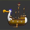 Cartoon Wooden Boat With Pelican Figurehead Blue White Striped Bandana Yellow Sails And Red Flag