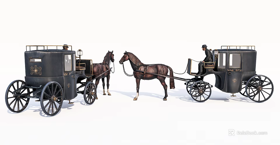 Vintage Black Horse-Drawn Carriages With Two Brown Horses Coachman And Brass Lanterns 3d model 