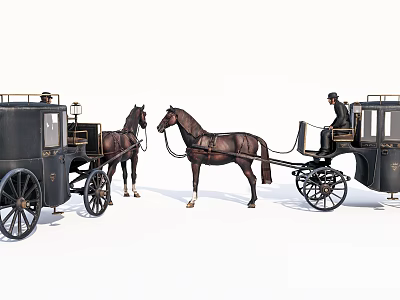 Vintage Black Horse-Drawn Carriages With Two Brown Horses Coachman And Brass Lanterns 3d model