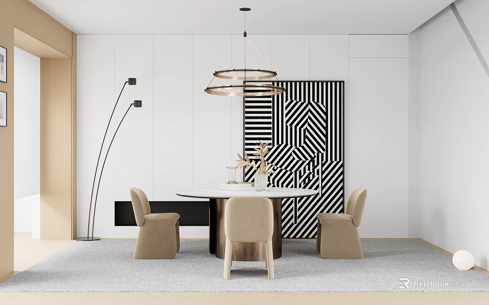 Elegant Modern Restaurant Interior With Round Dining Table Beige Chairs And Geometric Artwork 3d model