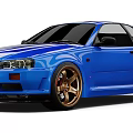 Blue Sports Car With Two Door Design Gold Alloy Wheels And Aerodynamic Body