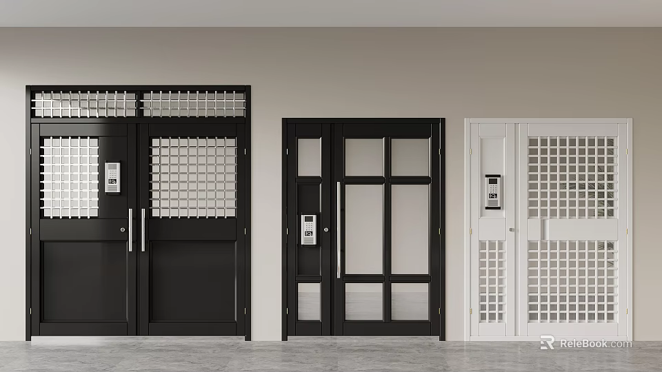 Modern Double Doors With Glass Grid Design And Access Control In Black And White 3d model 
