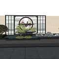 Chinese Style Feature Wall with Circular Design Potted Pine Water Feature and Rocks 3d model