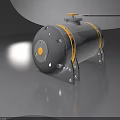Silver Cylindrical Tank With Yellow Stripes And Valve On Gray Background