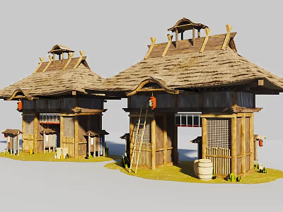 Traditional Building Design With Thatch Roofs Wooden Frames And Hanging Lanterns 3d model