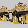 Traditional Building Design With Thatch Roofs Wooden Frames And Hanging Lanterns