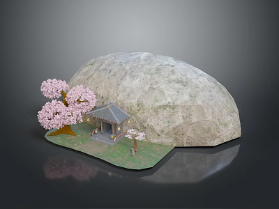 Natural Garden Scene With Large Rock Pink Cherry Blossom Tree Small Pavilion And Green Grass 3d model