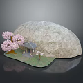 Natural Garden Scene With Large Rock Pink Cherry Blossom Tree Small Pavilion And Green Grass
