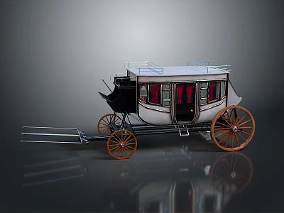 Vintage Horse Carriage With Black White Body Red Curtains And Wooden Wheels With Orange Spokes 3d model