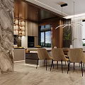 Elegant Modern Restaurant Interior With Open Kitchen Marble Accents And Dining Table Chairs