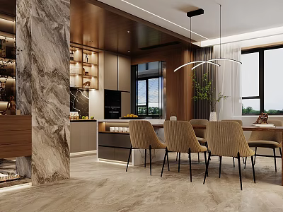 Elegant Modern Restaurant Interior With Open Kitchen Marble Accents And Dining Table Chairs 3d model