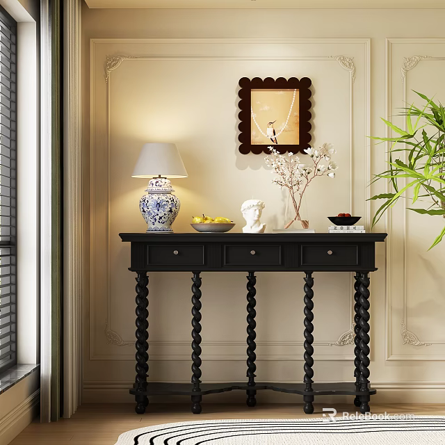 Black Console Table with Twisted Legs Blue White Porcelain Lamp Fruit Bowl and Green Plant 3d model 