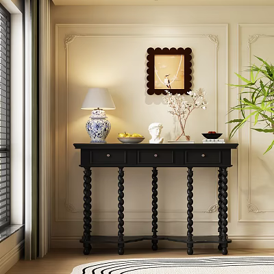 Black Console Table with Twisted Legs Blue White Porcelain Lamp Fruit Bowl and Green Plant 3d model