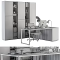 Modern Bookshelf In Home Office With Desk Leather Chair And Computer Monitor