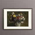 Botanical Painting With Basket Of Various Colored Roses Framed Dark Background Gold Border