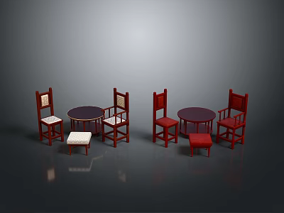 Modern Red Wooden Furniture Set With Chairs Tables And Upholstered Stools For Home 3d model