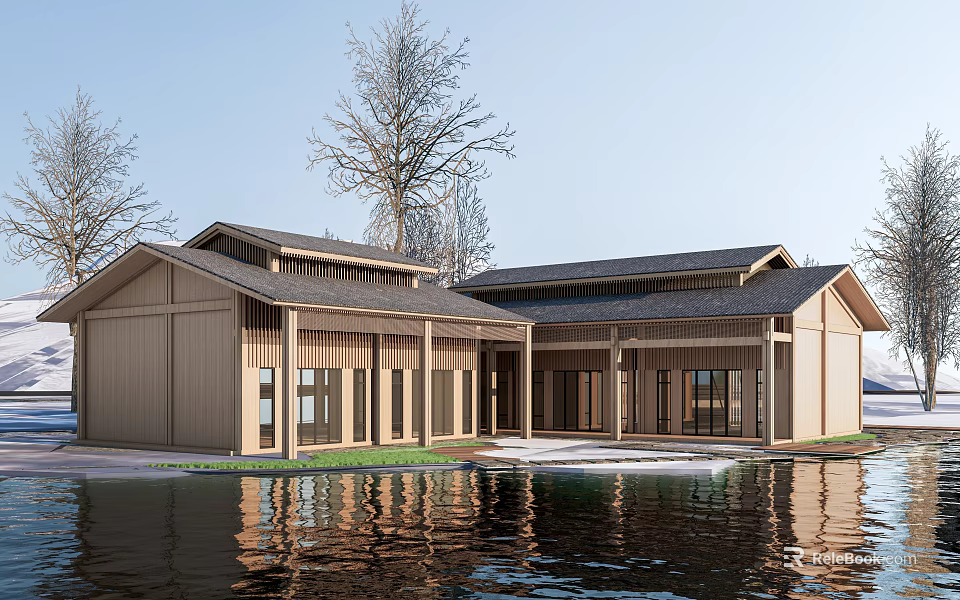 Rural Self Built House With Modern Wooden Exterior And Waterfront Natural Landscape 3d model 