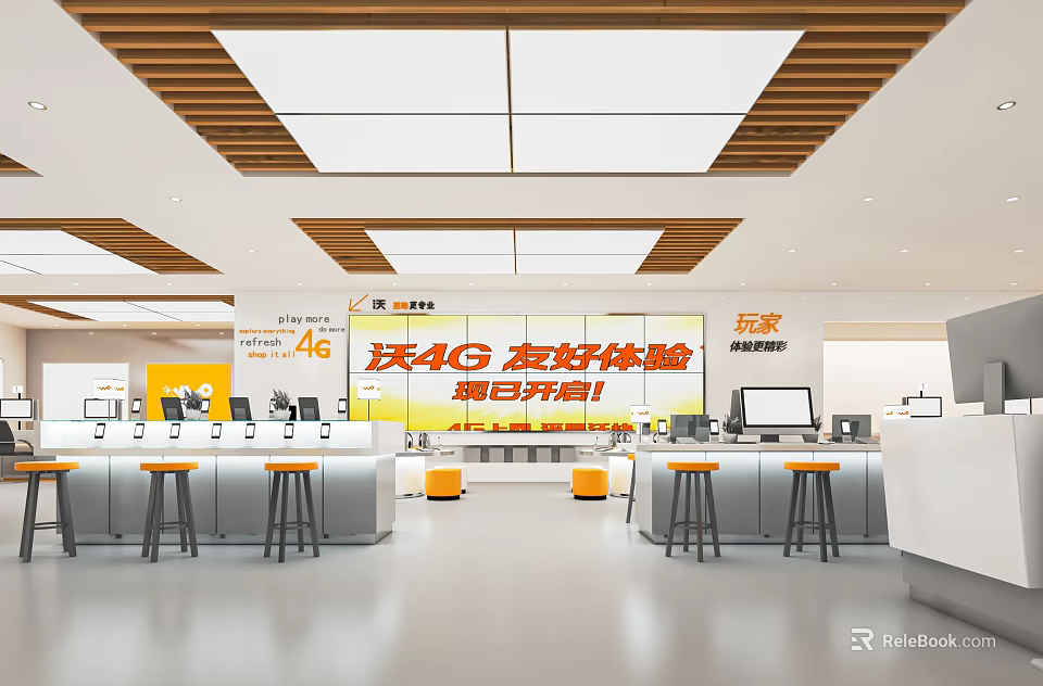 Digital Store 4G Service Friendly Experience In Store With Counters Computers And Seating 3d model 