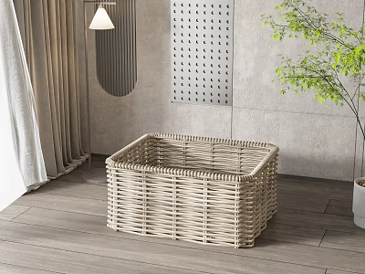 Woven Natural Square Storage Basket in Modern Interior with Wooden Floor and Green Plant 3d model