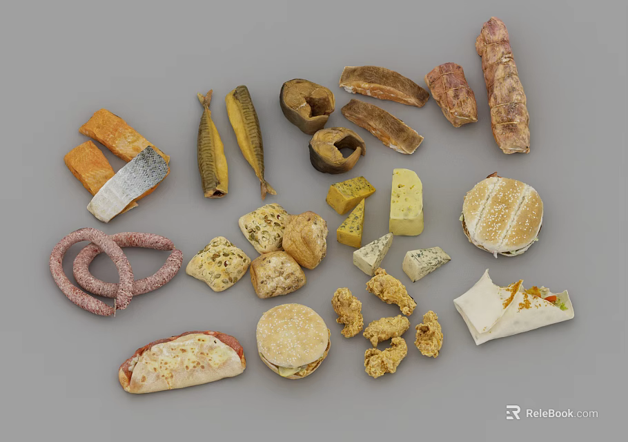 Assorted Delicious Food Including Sausages Fish Cheese Hamburgers And Fried Snacks 3d model 