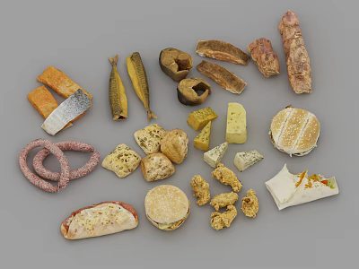 Assorted Delicious Food Including Sausages Fish Cheese Hamburgers And Fried Snacks 3d model