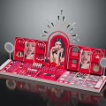 Red Cosmetics Display Stand With Lipsticks Eyeshadow Perfume And Model