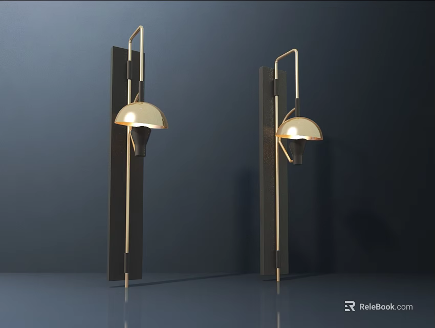 Minimalist Wall Lamps with Gold Shade and Sleek Metal Frame Mounted on Dark Wall 3d model 