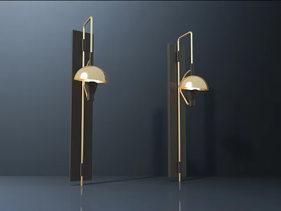 Minimalist Wall Lamps with Gold Shade and Sleek Metal Frame Mounted on Dark Wall 3d model