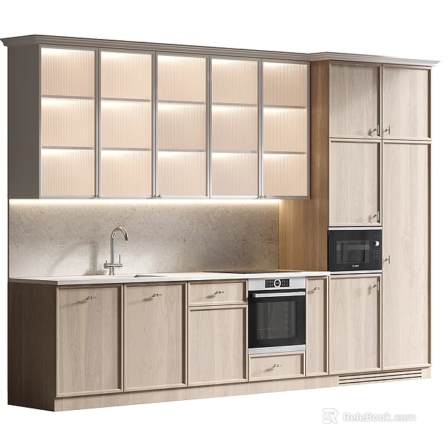 Modern Light Wood Kitchen Interior With Lighted Upper Cabinets Stone Countertop And Appliances 3d model 