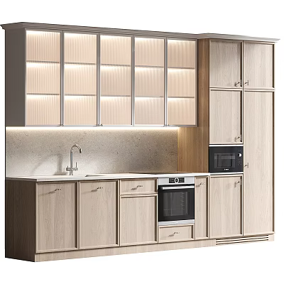 Modern Light Wood Kitchen Interior With Lighted Upper Cabinets Stone Countertop And Appliances 3d model