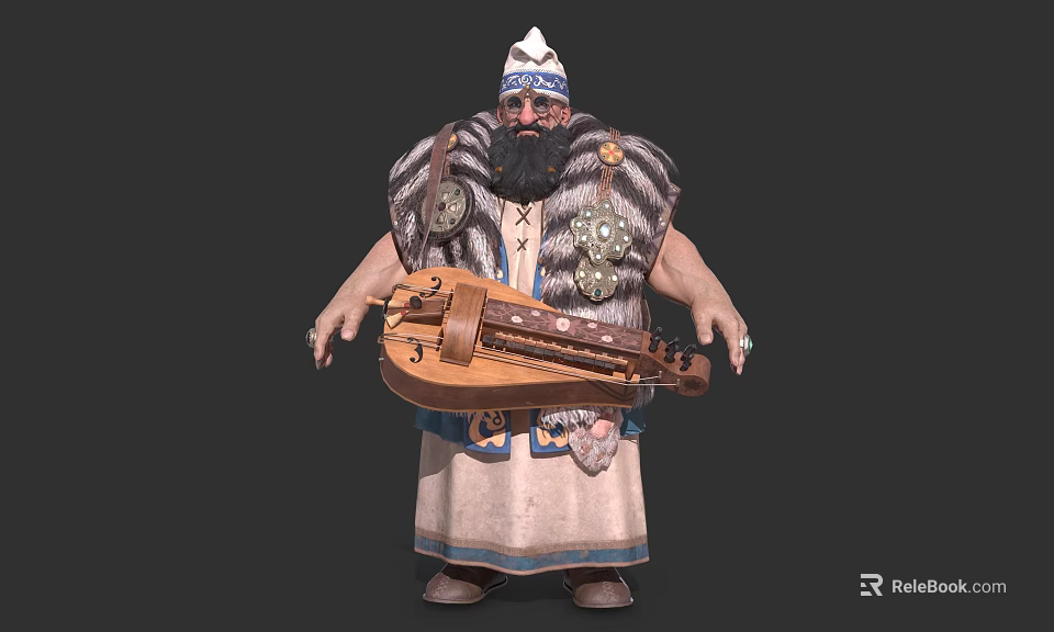 Bearded Traditional Man Wearing Hat In Fur Trimmed Outfit Holding Lute Stringed Instrument 3d model 