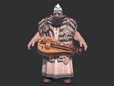 Bearded Traditional Man Wearing Hat In Fur Trimmed Outfit Holding Lute Stringed Instrument 3d model