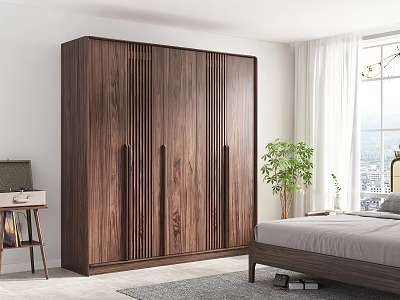 Modern Wooden Wardrobe With Vertical Slat Design In Bedroom With Bed And Plant 3d model