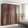 Modern Wooden Wardrobe With Vertical Slat Design In Bedroom With Bed And Plant