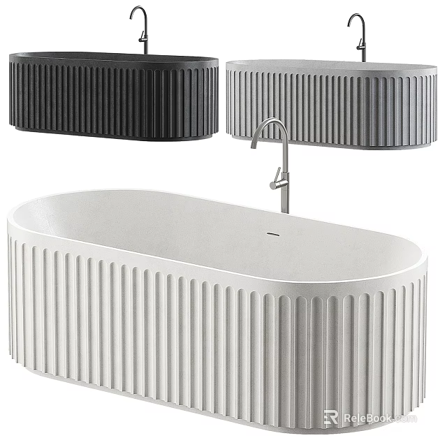 Modern Oval Bathtub With Vertical Grooves Faucet And Storage Units 3d model 