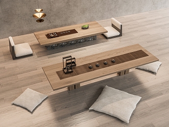 New Chinese Japanese Tea Table and Chair Tatami Tea Table and Chair Tea Table and Chair Tea Table and Chair Cushion Leisure Chair Tea Set Teapot Tea Room Tea House Tea Table 3d model