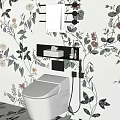 Modern Toilet in Bathroom With Floral Wallpaper Tissue Box Shelf and Towel Rack