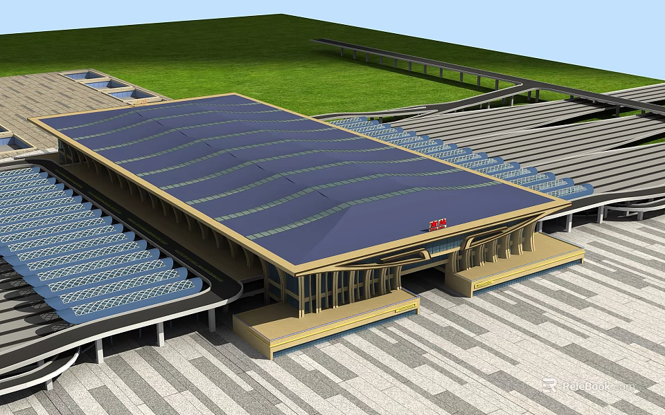 Modern Large Building Exterior With Blue Wavy Roof Entrance Green Lawn And Pavement 3d model 