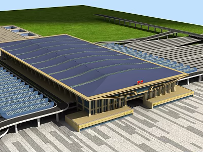Modern Large Building Exterior With Blue Wavy Roof Entrance Green Lawn And Pavement 3d model