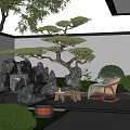 Traditional Courtyard Garden with Rockery Water Feature Pine Tree Stones Lawn and Seating Area