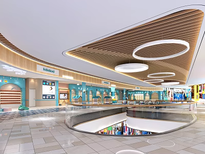 Modern Shopping Mall Lobby With Curved Ceiling Circular Pendant Lights And Multi level Shops 3d model