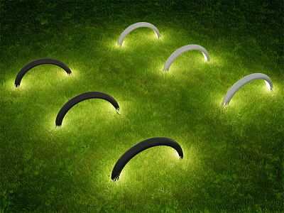 Black And White Curved Outdoor Lights Illuminating Green Grass Area 3d model