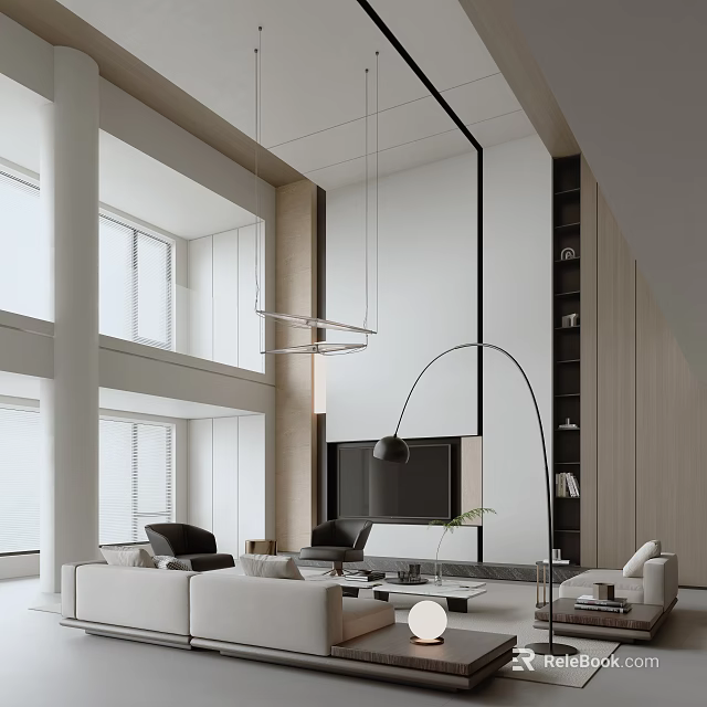 Modern Duplex Living Room With High Ceiling Large Windows Floor Lamp Sofa And Chairs 3d model 