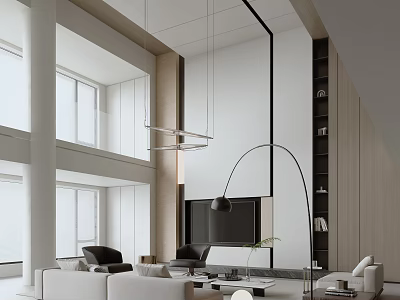Modern Duplex Living Room With High Ceiling Large Windows Floor Lamp Sofa And Chairs 3d model