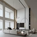 Modern Duplex Living Room With High Ceiling Large Windows Floor Lamp Sofa And Chairs