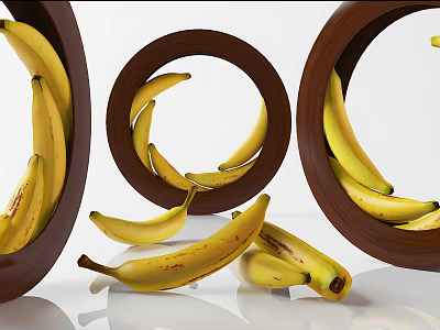 Fresh Yellow Bananas with Brown Spots in Wooden Circular Holders Arrangement 3d model