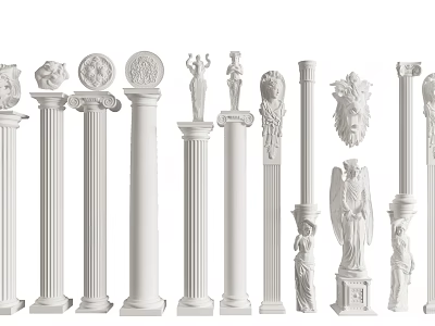 White Roman Columns With Various Styles Decorative Capitals And Statue Elements 3d model