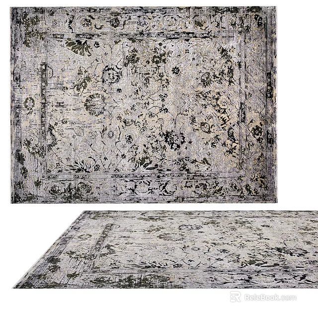 Elegant Square Rug With Intricate Floral Patterns In Gray And Black Tones 3d model 