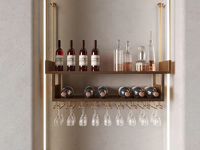 Stylish Wall Mounted Wine Rack With Red And Clear Wine Bottles And Hanging Glasses 3d model